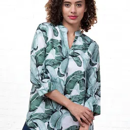 INUKA Women Tropical Printed Mandarin Collar Puff Sleeves Cotton Top-image-76