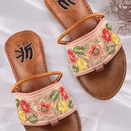 YK Girls Peach Slip-On Round Toe One Toe Flats Embellished Embroidered Casual Flats-image-30