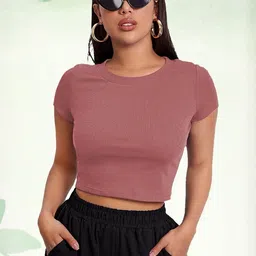 SSTAIR Women Ribbed Short Sleeves Fitted Crop Top-image-4