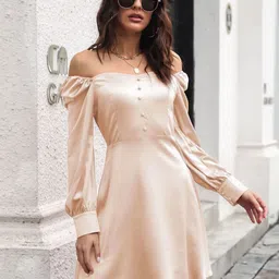 The Roadster Lifestyle Co Off-Shoulder Puff Sleeve Fit Flare Dress-image-25