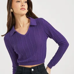 Styli Women Cropped Length V Neck Collared Sweater-image-59