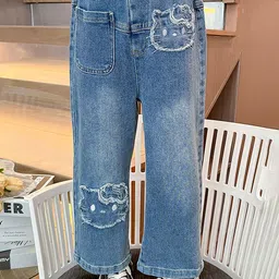 LULU & SKY Girls Mid-Rise Light Fade Distressed Kitty Design Jeans-picture-56