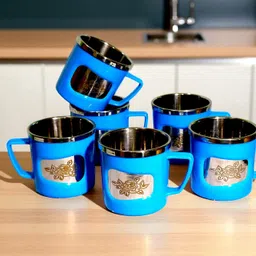 anixa creation Pack of 6 Stainless Steel, Plastic REGAL Tea Cup Set|Steel|Coffee Mug image 2