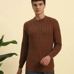 canblar Men Striped, Self Design Round Neck Brown Sweater-picture-25