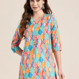 HERE&NOW Abstract Printed V-Neck Straight Kurti-picture-22