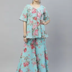 MBE Women Blue & Pink Floral Printed Kurti with Sharara-picture-44