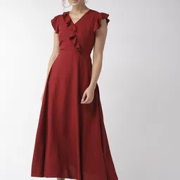 Style Quotient Women Burgundy Solid Maxi Dress-image-3