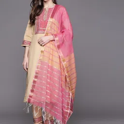 Biba Women Beige & Pink Solid Kurta with Trousers & Dupatta-picture-2