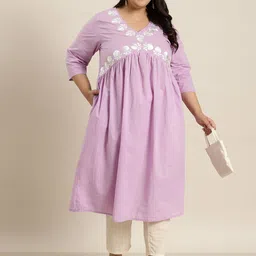 Sztori Plus Size Floral Embroidered V-Neck Cotton Empire Kurta image 1