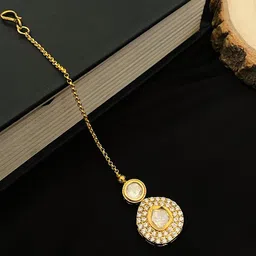 ABDESIGNS Gold-Plated Polki Kundan Studded and Pearls Beaded Maang Tikka image 2