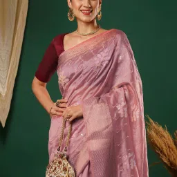 Satrani Rose Pink Embroidered Saree With Unstitched Blouse image 4