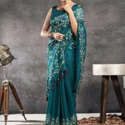 Satrani Rama Blue Linen Floral Print Saree With Unstitched Blouse image 4