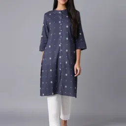 W Navy Printed Straight Kurta-image-52