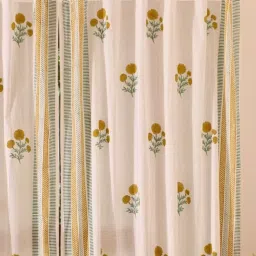 Peepul Tree White & Mustard Pure Cotton Marigold Collection Sheer Curtain image 4