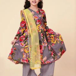 A.T.U.N. Kids Grey & Pink Cotton Floral Print Full Sleeves Anarkali Set-picture-5
