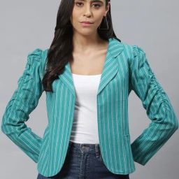 Cottinfab Turquoise Cotton Striped Blazer-picture-7