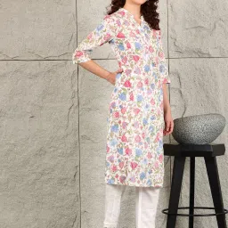 W White Cotton Floral Print Straight Kurta image 4