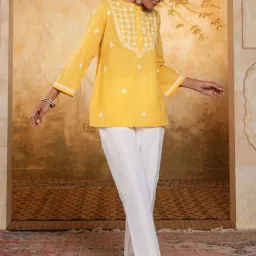 house of chikankari Chanderi Chikankari Solid Women's Short Kurta - Yellow image 4