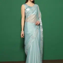 Saree Mall Blue Embellished Sarees With Unstitched Blouse image 4
