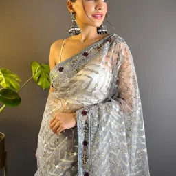 Saree Mall Grey Embellished Sarees With Unstitched Blouse image 4