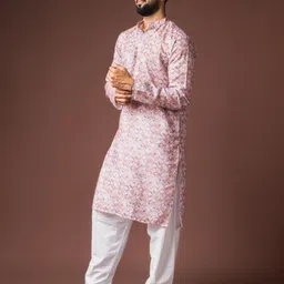 Rawayi Geometric Printed Band Collar Linen Straight Kurta image 2