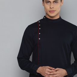 The Indian Garage Co Men Navy Blue Solid Pure Cotton Assymetric Hem Angrakha Kurta-picture-25