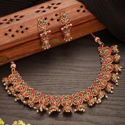Jazz and Sizzle 22K Gold-Plated Ruby Kundan Stone-Studded & Pearls Beaded Jewellery Set-picture-28