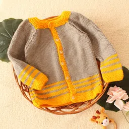 Woonie Raglan Full Sleeves Striped Designed Hand Knitted Acrylic Cardigan - Grey & Yellow-picture-24