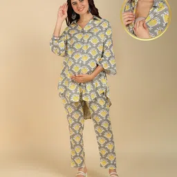 Zelena Rayon Woven Three Fourth Sleeves Abstract Printed Shirt Style Maternity Co Ord Set With Nursing Access - Grey-picture-13