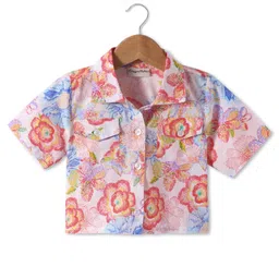 CrayonFlakes Half Sleeves Floral Printed Crop Cotton Shirt Top - White-picture-14