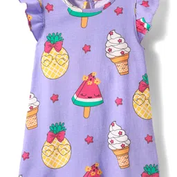 Babyhug Cotton Knit Half Sleeves Capri Nightsuit with Icecream Print - Purple-picture-28