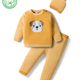 Babyhug Organic Cotton Knitted Full Sleeves Striped Pullover Sweater Set With Dog Embroidery - Yellow-picture-17