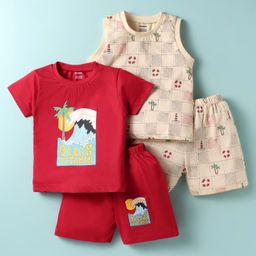 CUCUMBER Sinker Knit Half Sleeves Shorts Co-Ord Night Suits With Beach Theme Print Pack of 2 - Red & Cream-picture-47