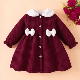 Mark & Mia Full Sleeves Solid Front Open Winter Frock With Bow Applique - Maroon-picture-16