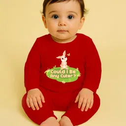 The Peppy Tend 100% Cotton Knit Full Sleeves Could I Be Any Cuter Text & Bunny Printed Romper - Red-picture-23