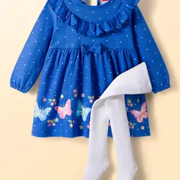 Babyhug Cotton Knit Full Sleeves Frock with Leggings with Butterfly Print Frill Detailing & Bow Applique - Blue-picture-16