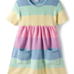 Babyhug Sweater Knit Half Sleeves Woollen Dress with Color Block Design & Pockets - Multicolor-picture-18
