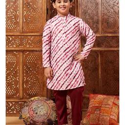 StyloBug Woven Full Sleeves Leheriya Designed Kurta Pyjama Set - Maroon-picture-19