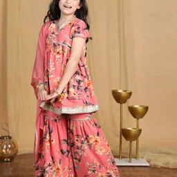 Cutiekins Georgette Woven Half Puffed Sleeves Floral Printed Lace Embellished Kurti & Sharara With Dupatta Set - Coral & Gold-image-3
