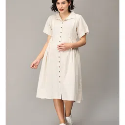 The Mom Store Half Sleeves Solid Button Down Collared Maternity Dress With Concealed Zipper Nursing Access - Off White image 3