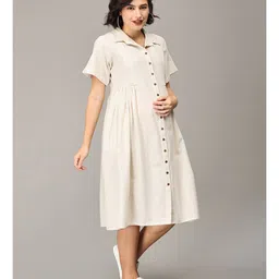 The Mom Store Half Sleeves Solid Button Down Collared Maternity Dress With Concealed Zipper Nursing Access - Off White image 5