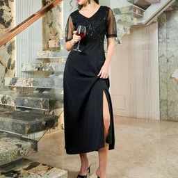 Shally Bhasin by Athena Women Embellished V-Neck Puff Sleeve Scuba Maxi Dress image 4