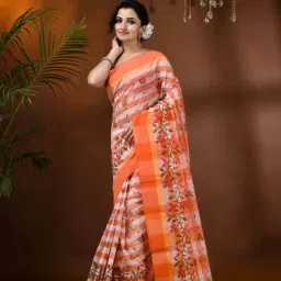 Desh Bidesh Orange & White Cotton Printed Saree image 4