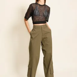 IVOC Olive Cotton Straight Fit High Rise Cargo Jeans image 4