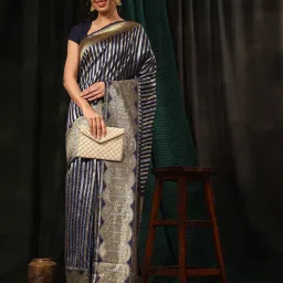 Silk Land Art Silk Navy Striped Saree With Blouse image 4