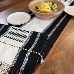 Peepul Tree Set of Striped Monochrome Handwoven Cushion Cover and Handwoven Striped Table Runner image 4