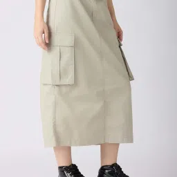 Globus Women Clay Stretchable Solid Mid-Rise Straight Fit Midi Cargo Skirt image 4