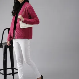 Cayman Women Pink Solid Woolen Cardigan image 4