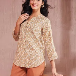 Fabindia Beige Cotton Regular Fit Printed Shirt image 4