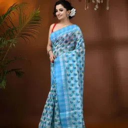 Desh Bidesh Turquoise Cotton Printed Saree image 5